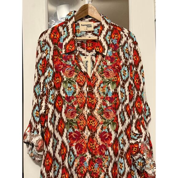 Savanna Jane  NWT southwestern print floral embroidered maxi shirt dress 3X - Picture 3 of 14